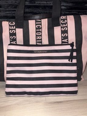 Victoria's Secret Signature Pink & Black Striped Duffle Bag & Cosmetic Pouch Set